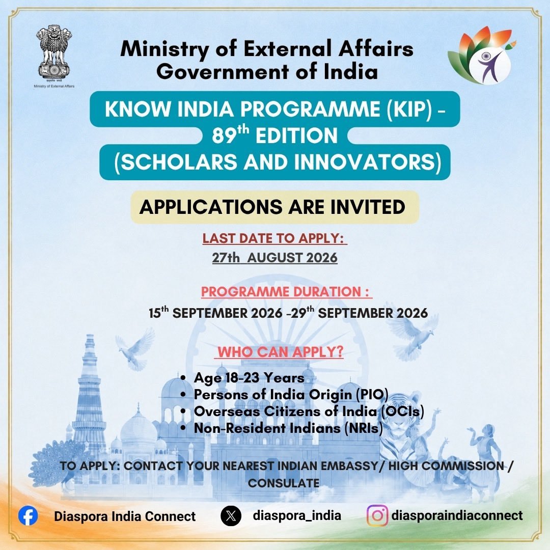 Applications Open for the 89th Know India Programme (KIP) for Scholars & Innovators